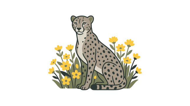 Spotted Leopard Sitting in Flowers.
