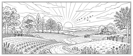 Fototapeta premium farm landscape coloring page at sunrise with barn and tractor