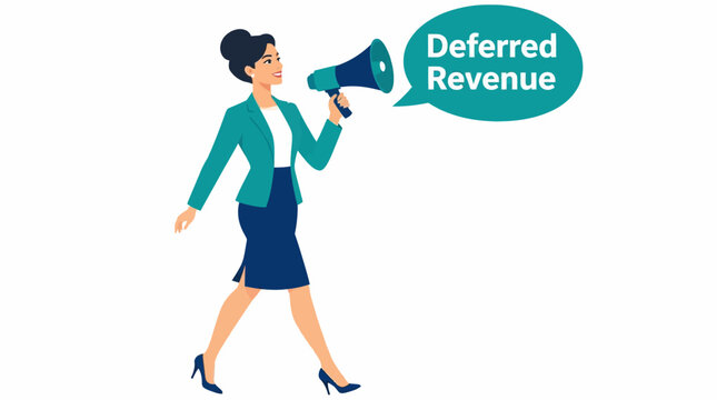 Businesswoman announcing deferred revenue with megaphone.