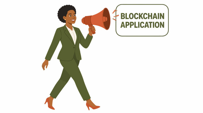 Businesswoman announcing blockchain application concept.