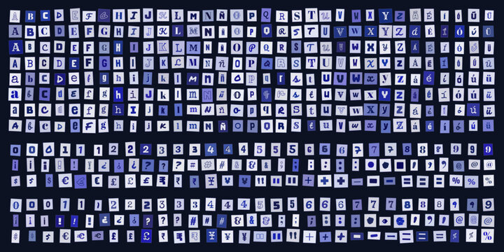 Letras y numeros estilo nota de rescate, conjunto de caracteres recortados para diseno grafico, tipografia creativa y composicion de mensajes