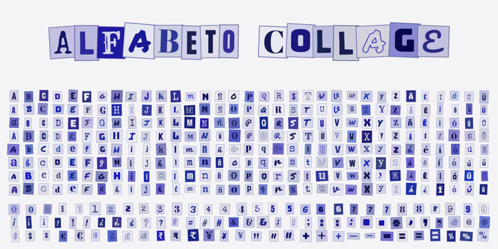 Alfabeto Collage con letras recortadas estilo revista para diseno grafico creativo, tipografia azul variada para carteles y proyectos