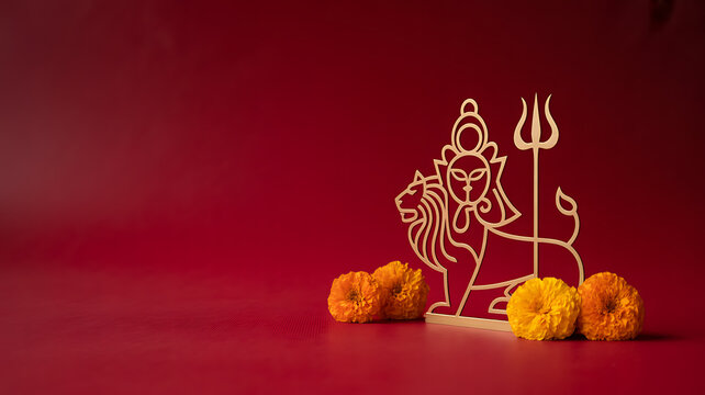 Decorative cutout of a lion with trident and marigold flowers on a red background