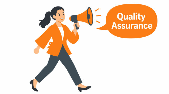 Woman with megaphone promoting quality assurance concept.