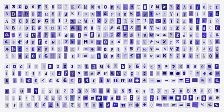 Letras y numeros estilo nota de rescate, conjunto de recortes de papel para diseno grafico, tipografia creativa para mensajes anonimos