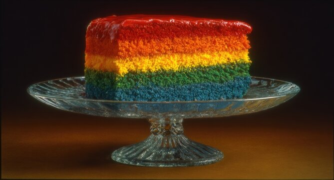 Rainbow cake slice on glass stand (1)