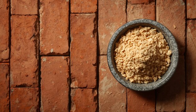 Gourmet Spice Advertisement of Coarse Ginger Crush Heap on Weathered Red Brick
