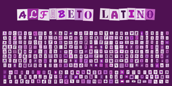 ALFABETO LATINO estilo recorte de revista, letras y numeros tipografia creativa para diseno grafico, collage de papel y composicion de texto