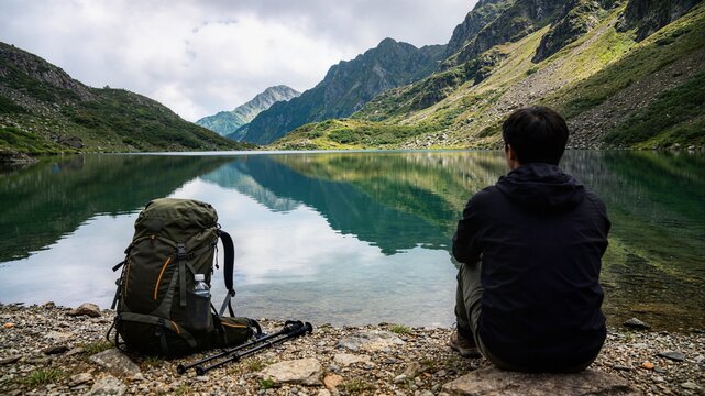 Man sitting by pristine alpine lake with backpack and trekking poles ideal for outdoor gear branding and adventure travel catalog