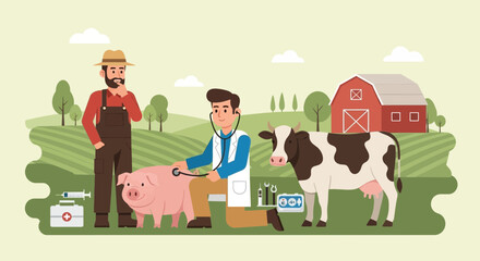 Naklejka premium Veterinarian Examining Pig on Farm with Cow and Farmer