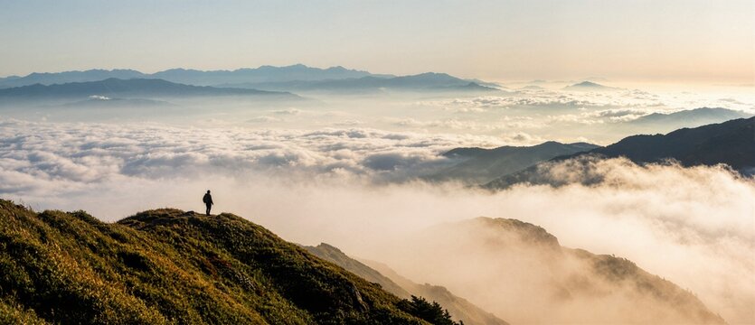 Man standing on grassy ridge overlooking spectacular cloud inversion in mountains ideal for conceptual background and outdoor apparel branding