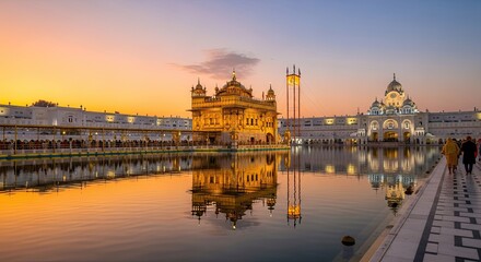 Fototapeta premium Golden Temple Amritsar at Sunset - Serene Reflection in Pool