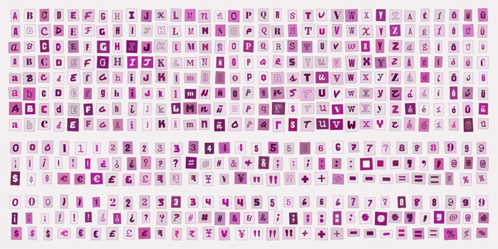 Letras numeros y simbolos estilo recorte de revista morado para diseno grafico creativo y composicion de mensajes tipograficos personalizados