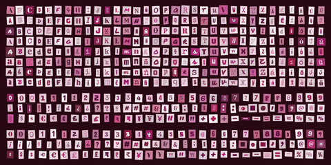 Fototapeta premium Alfabeto de recortes de papel estilo nota de rescate, letras y numeros tipograficos para diseno grafico creativo y composicion