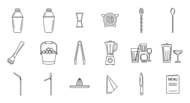 Bartending Tools and Cocktail Equipment Icon Set