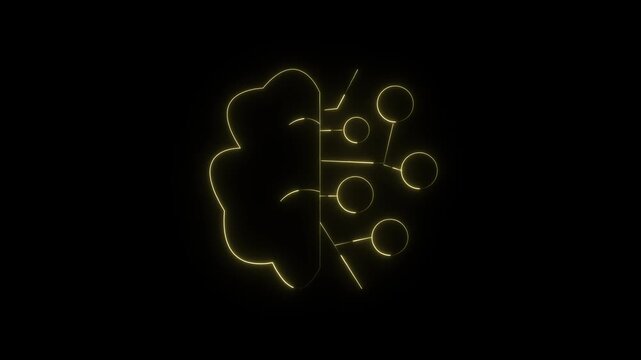 Futuristic yellow neon glowing artificial intelligence brain icon animation on a black background.