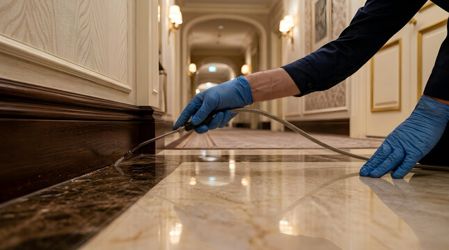 Professional pest control specialist applying insecticide along baseboard in modern hotel corridor with exterminator insecticide baseboard spraying cleaning maintenance chemical