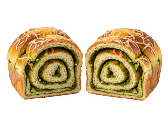 Fototapeta premium Two delicious cinnamon roll pastries with green filling on white surface
