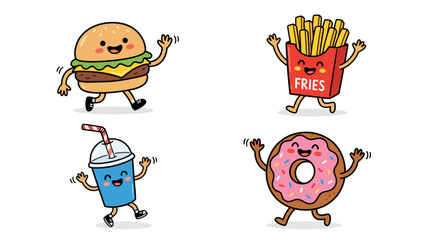 Fototapeta premium Delightful Cartoon Fast Food Characters Waving and Running Happily on White Background