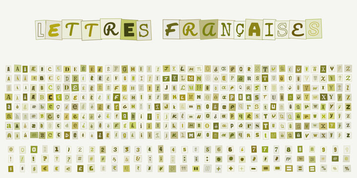LETTRES FRAN&Ccedil;AISES, alphabet complet avec accents, chiffres et symboles pour design typographique, collage style lettre anonyme