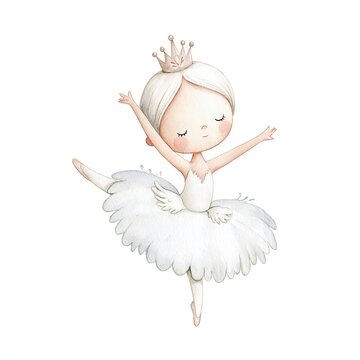 Watercolor clipart of a cute little girl ballerina wearing  ethereal white tutu with feather, and a crown, isolated on white background.
