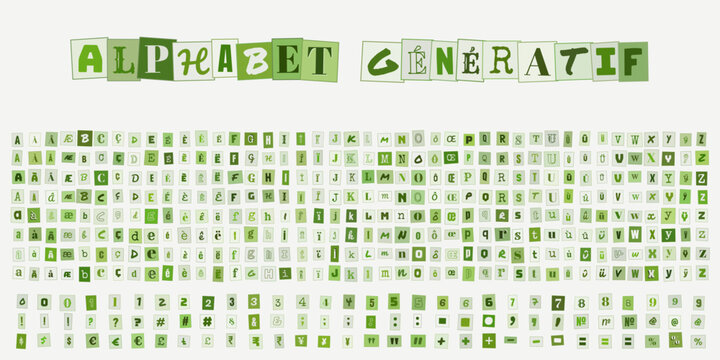 ALPHABET G&Eacute;N&Eacute;RATIF, ensemble de lettres et chiffres verts style collage pour design graphique, typographie cr&eacute;ative et projets de scrapbooking