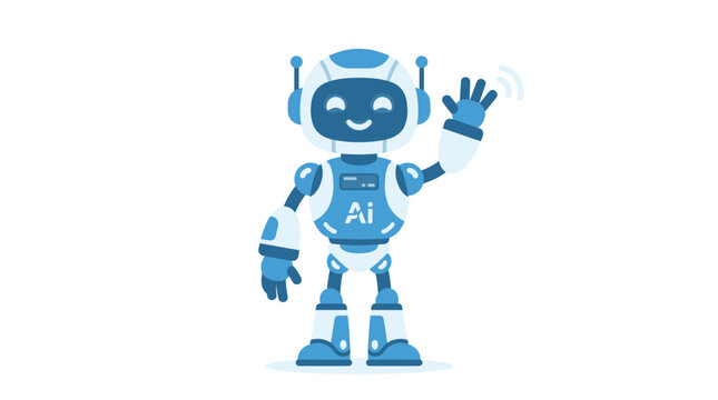 Friendly blue and white artificial intelligence robot waving hello