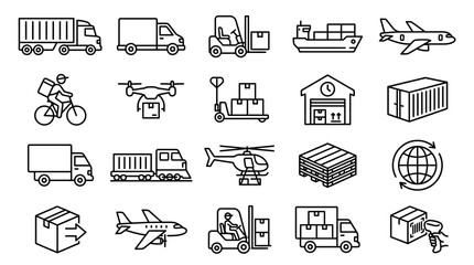 Fototapeta premium Logistics and Shipping Supply Chain Transportation Linear Icon Set Collection