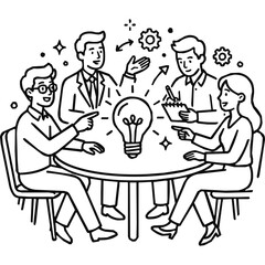 Fototapeta premium Teamwork - Creative business people brainstorming for a new collaboration idea around a glowing light bulb during a productive office team meeting