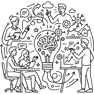 Collaboration - Diverse Business Professionals Engaged in Brainstorming for Innovation and Teamwork Featuring a Creativity Lightbulb and Strategic