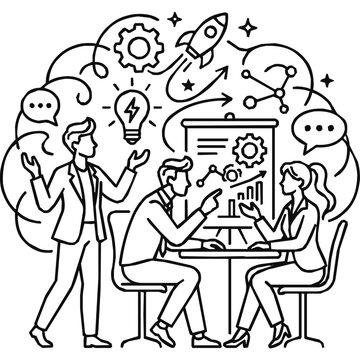 Idea - Collaborative Business Brainstorming Illustration Featuring a Creative Team Focused on Innovation and Startup Growth Through Teamwork
