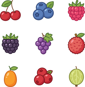Set of cute cartoon style fresh berries and fruits icons.