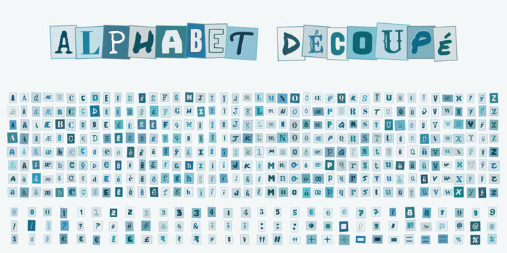 ALPHABET DECOUPE, ensemble de lettres et chiffres style lettre anonyme pour design graphique, typographie decoupee pour collage et affiche
