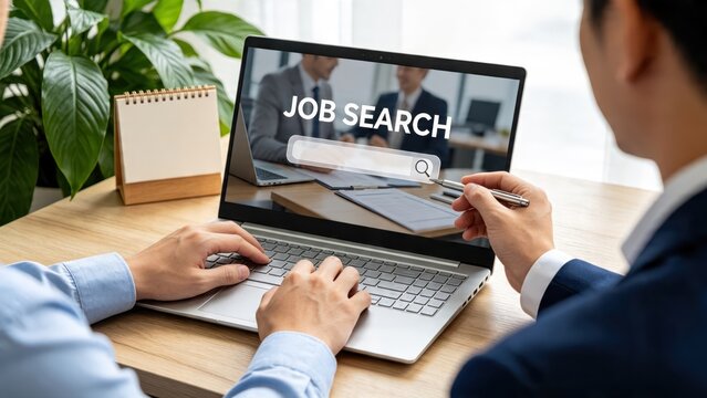 Professional job search online, recruitment concept with laptop and magnifying glass, hiring process, finding employment opportunities in modern business environment.
