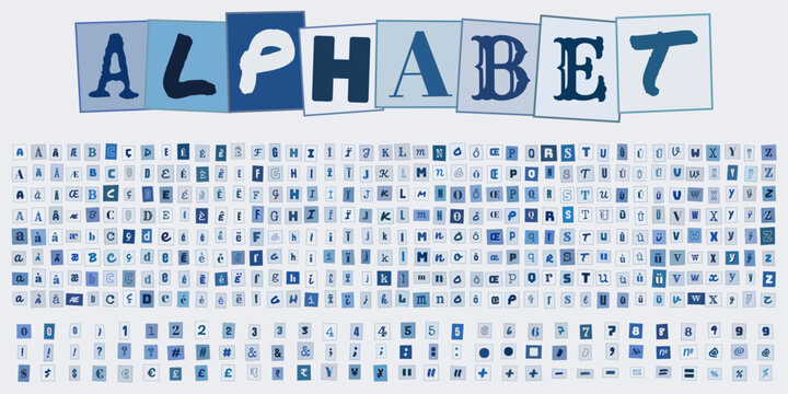 ALPHABET, ensemble de lettres et chiffres style lettre anonyme, typographie decoupee pour design graphique, collage de caracteres pour affiche
