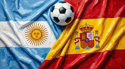 Naklejka premium Bold Acrylic Painting of Argentina and Spain Soccer Match Concept