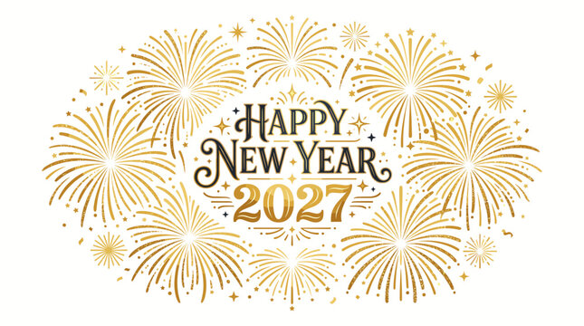 Happy new year 2027 celebration with golden fireworks and stars