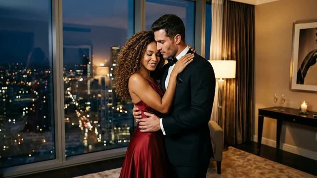 Romantic couple dancing at a city skyline hotel window at night