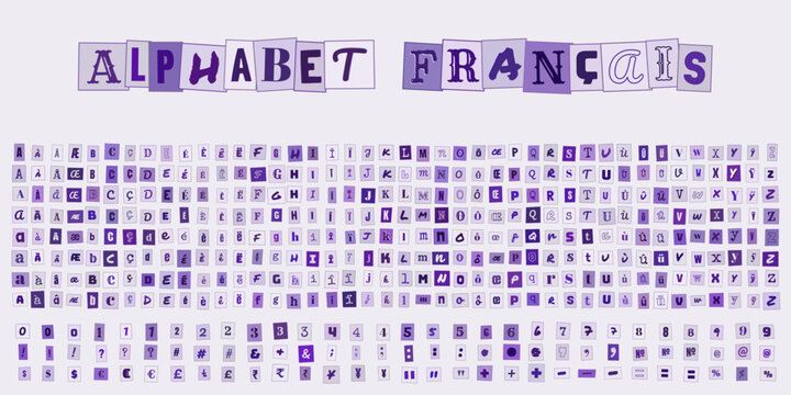 Alphabet francais, ensemble de lettres et chiffres typographiques pour design graphique, education scolaire et projets de typographie creative