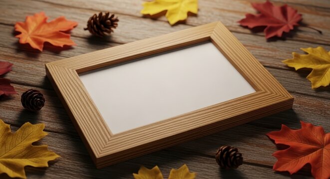 Empty picture frame on wooden table with autumn leaves.