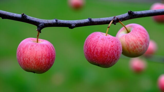 Orchard's Bounty: Three ripe apples hang from a slender branch, their blush red skins hinting at the sweetness within, set against a soft, blurred green backdrop of an orchard.