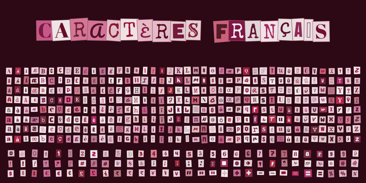 CARACT&Egrave;RES FRAN&Ccedil;AIS, alphabet typographique style lettre anonyme pour design graphique, collage de lettres et symboles pour affiches