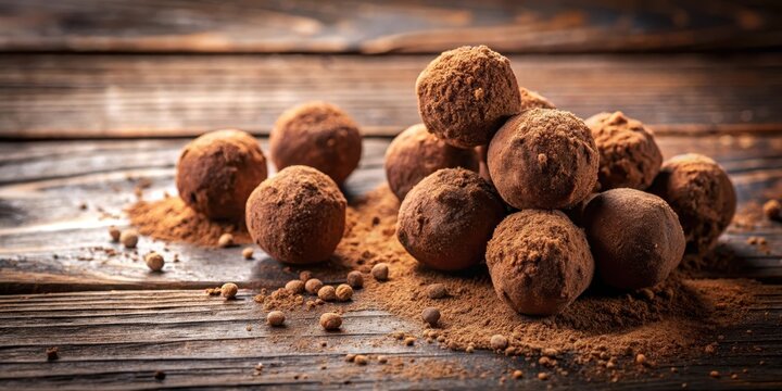Rich chocolate truffles covered in a thick layer of powdered cocoa sit on a simple wooden table