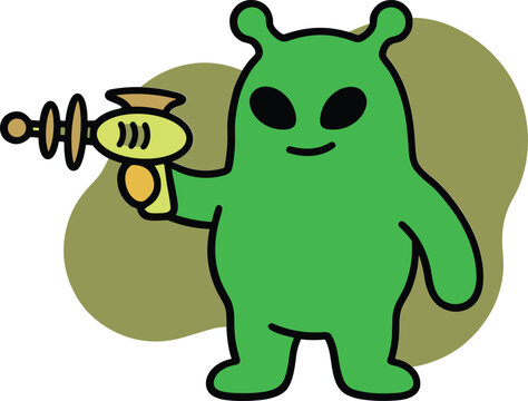 Green cartoon alien holding a ray gun. Green extraterrestrial character holding a retro space blaster