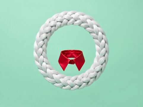 Surreal minimalist composition of white braided hair circle and red collar on green background, abstract fashion concept