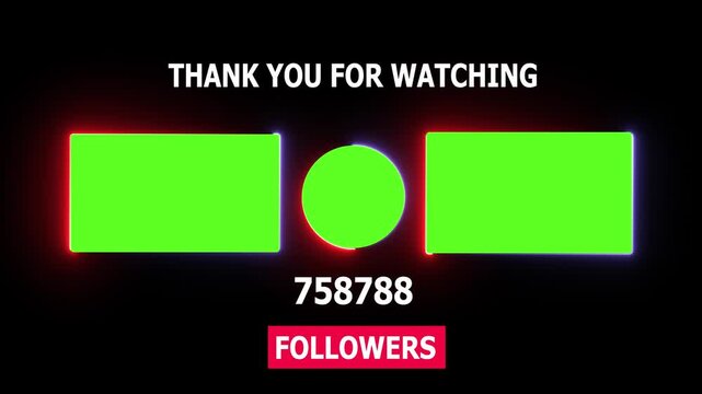 You tube end screen template with animated follower counter and green screen placeholders for channel outro and social media branding