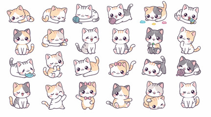 Fototapeta premium Cute Kawaii Kittens Set, Adorable Cartoon Cats Collection, Playful Feline Illustrations