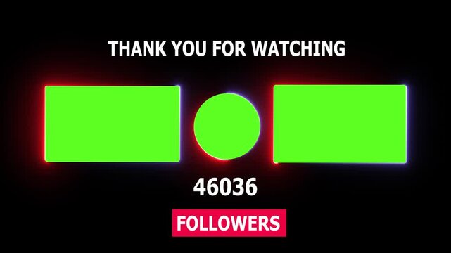 You tube end screen template with green screen placeholders and animated follower counter for social media channel outro and branding