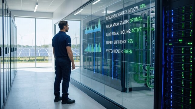Male engineer monitoring renewable energy inflow and solar array status on glass display in green data center, with wind turbines visible outside window