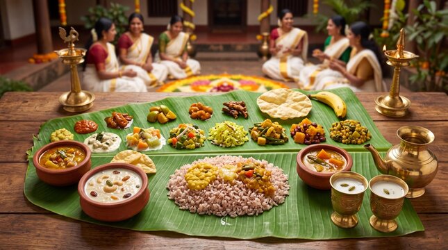 Traditional Kerala Onam Sadya feast served on a banana leaf with brass lamps